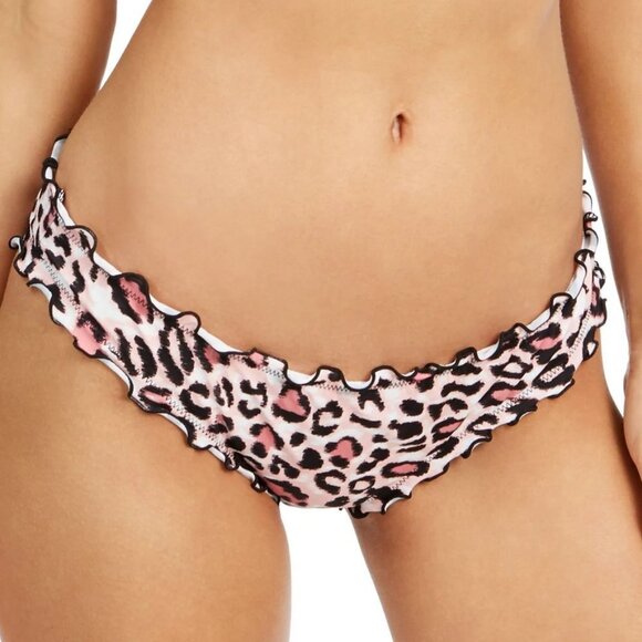 Sundazed Black Pink Animal Print Stretch Lined Ruffled Swim Bottom Medium - Picture 1 of 15